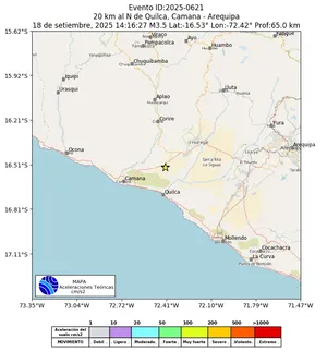 Mapa de aceleración teórica del sismo de magnitud 3.5 a 20 km al N de Quilca, Camana - Arequipa, Perú