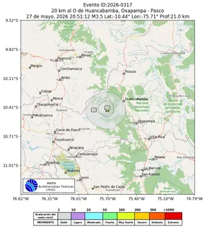 Mapa de aceleración teórica del sismo de magnitud 3.5 a 20 km al O de Huancabamba, Oxapampa - Pasco, Perú