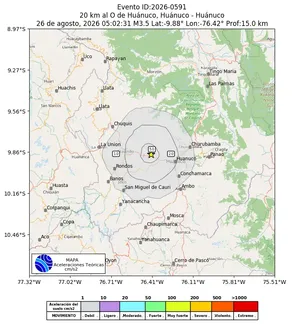 Mapa de aceleración teórica del sismo de magnitud 3.5 a 20 km al O de Huánuco, Huánuco - Huánuco, Perú