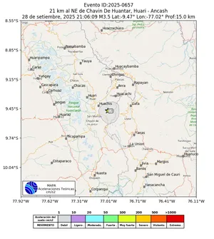 Mapa de aceleración teórica del sismo de magnitud 3.5 a 21 km al NE de Chavin De Huantar, Huari - Ancash, Perú