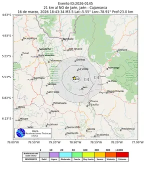 Mapa de aceleración teórica del sismo de magnitud 3.5 a 21 km al NO de Jaén, Jaén - Cajamarca, Perú