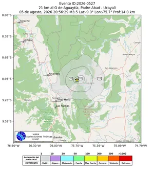 Mapa de aceleración teórica del sismo de magnitud 3.5 a 21 km al O de Aguaytía, Padre Abad - Ucayali, Perú