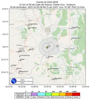 Mapa de aceleración teórica del sismo de magnitud 3.5 a 21 km al SO de Codo del Pozuzo, Puerto Inca - Huánuco, Perú