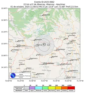 Mapa de aceleración teórica del sismo de magnitud 3.5 a 22 km al E de Abancay, Abancay - Apurimac, Perú