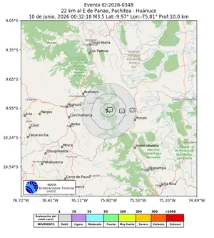 Mapa de aceleración teórica del sismo de magnitud 3.5 a 22 km al E de Panao, Pachitea - Huánuco, Perú