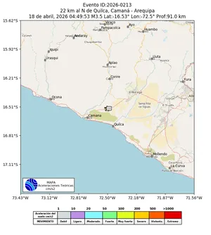 Mapa de aceleración teórica del sismo de magnitud 3.5 a 22 km al N de Quilca, Camaná - Arequipa, Perú