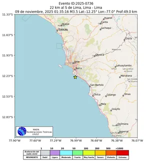 Mapa de aceleración teórica del sismo de magnitud 3.5 a 22 km al S de Lima, Lima - Lima, Perú