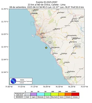 Mapa de aceleración teórica del sismo de magnitud 3.5 a 23 km al NO de Chilca, Cañete - Lima, Perú