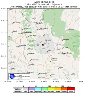 Mapa de aceleración teórica del sismo de magnitud 3.5 a 23 km al NO de Jaén, Jaén - Cajamarca, Perú