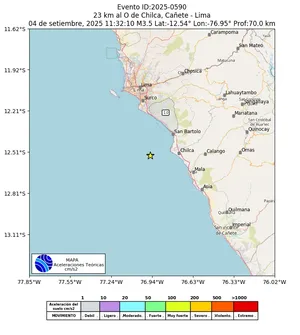 Mapa de aceleración teórica del sismo de magnitud 3.5 a 23 km al O de Chilca, Cañete - Lima, Perú