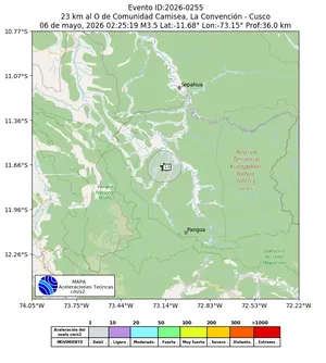 Mapa de aceleración teórica del sismo de magnitud 3.5 a 23 km al O de Comunidad Camisea, La Convención - Cusco, Perú