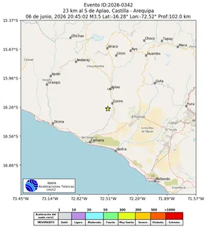 Mapa de aceleración teórica del sismo de magnitud 3.5 a 23 km al S de Aplao, Castilla - Arequipa, Perú
