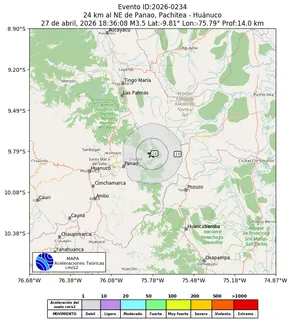 Mapa de aceleración teórica del sismo de magnitud 3.5 a 24 km al NE de Panao, Pachitea - Huánuco, Perú
