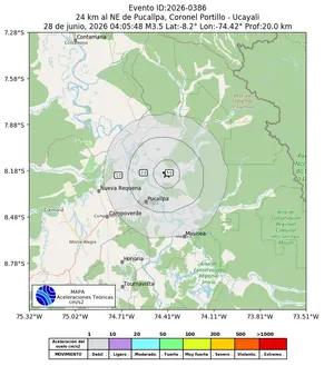 Mapa de aceleración teórica del sismo de magnitud 3.5 a 24 km al NE de Pucallpa, Coronel Portillo - Ucayali, Perú