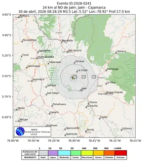 Mapa de aceleración teórica del sismo de magnitud 3.5 a 24 km al NO de Jaén, Jaén - Cajamarca, Perú