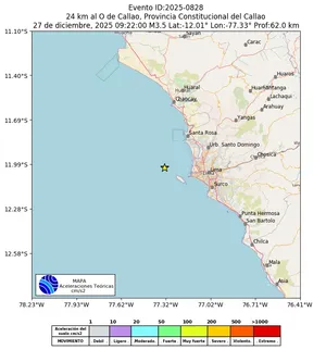 Mapa de aceleración teórica del sismo de magnitud 3.5 a 24 km al O de Callao, Provincia Constitucional del Callao, Perú