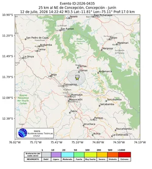 Mapa de aceleración teórica del sismo de magnitud 3.5 a 25 km al NE de Concepción, Concepción - Junín, Perú