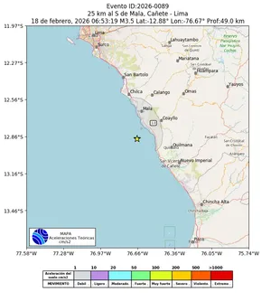 Mapa de aceleración teórica del sismo de magnitud 3.5 a 25 km al S de Mala, Cañete - Lima, Perú
