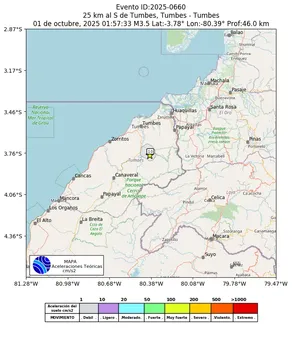 Mapa de aceleración teórica del sismo de magnitud 3.5 a 25 km al S de Tumbes, Tumbes - Tumbes, Perú