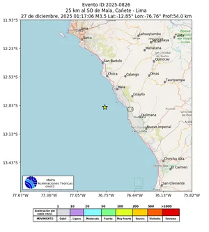 Mapa de aceleración teórica del sismo de magnitud 3.5 a 25 km al SO de Mala, Cañete - Lima, Perú