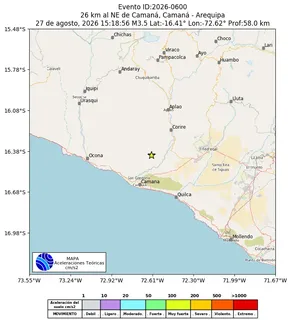 Mapa de aceleración teórica del sismo de magnitud 3.5 a 26 km al NE de Camaná, Camaná - Arequipa, Perú