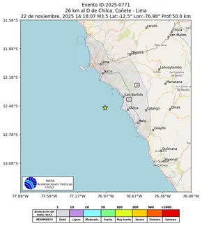 Mapa de aceleración teórica del sismo de magnitud 3.5 a 26 km al O de Chilca, Cañete - Lima, Perú