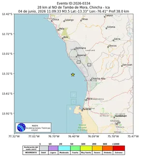 Mapa de aceleración teórica del sismo de magnitud 3.5 a 28 km al NO de Tambo de Mora, Chincha - Ica, Perú
