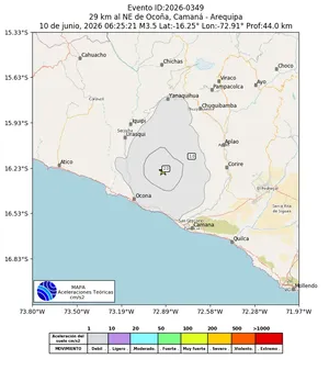 Mapa de aceleración teórica del sismo de magnitud 3.5 a 29 km al NE de Ocoña, Camaná - Arequipa, Perú