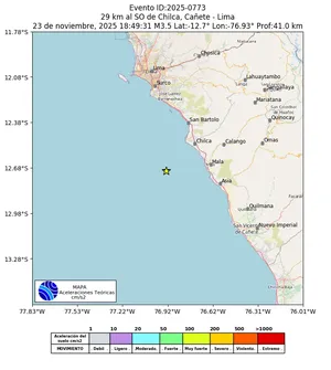 Mapa de aceleración teórica del sismo de magnitud 3.5 a 29 km al SO de Chilca, Cañete - Lima, Perú