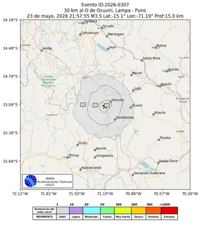 Mapa de aceleración teórica del sismo de magnitud 3.5 a 30 km al O de Ocuviri, Lampa - Puno, Perú