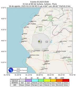 Mapa de aceleración teórica del sismo de magnitud 3.5 a 31 km al NO de Sullana, Sullana - Piura, Perú