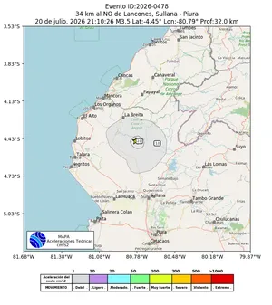 Mapa de aceleración teórica del sismo de magnitud 3.5 a 34 km al NO de Lancones, Sullana - Piura, Perú