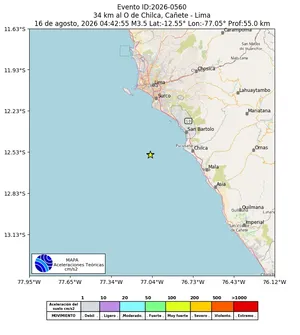 Mapa de aceleración teórica del sismo de magnitud 3.5 a 34 km al O de Chilca, Cañete - Lima, Perú