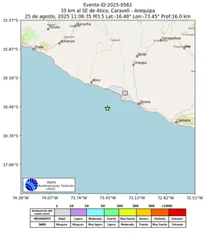Mapa de aceleración teórica del sismo de magnitud 3.5 a 35 km al SE de Atico, Caraveli - Arequipa, Perú