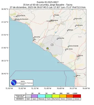 Mapa de aceleración teórica del sismo de magnitud 3.5 a 35 km al SO de Locumba, Jorge Basadre - Tacna, Perú