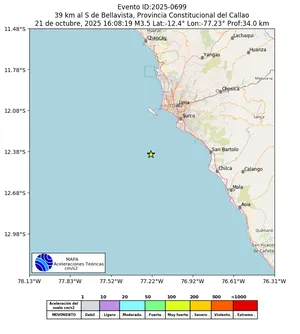 Mapa de aceleración teórica del sismo de magnitud 3.5 a 39 km al S de Bellavista, Provincia Constitucional del Callao, Perú
