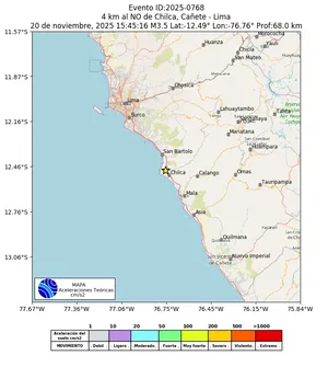 Mapa de aceleración teórica del sismo de magnitud 3.5 a 4 km al NO de Chilca, Cañete - Lima, Perú