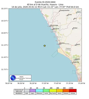 Mapa de aceleración teórica del sismo de magnitud 3.5 a 40 km al O de Huacho, Huaura - Lima, Perú