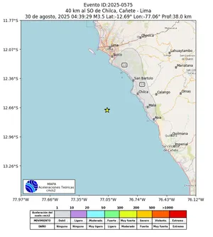 Mapa de aceleración teórica del sismo de magnitud 3.5 a 40 km al SO de Chilca, Cañete - Lima, Perú