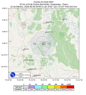 Mapa de aceleración teórica del sismo de magnitud 3.5 a 43 km al N de Puerto Bermúdez, Oxapampa - Pasco, Perú