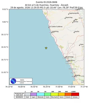 Mapa de aceleración teórica del sismo de magnitud 3.5 a 44 km al S de Huarmey, Huarmey - Áncash, Perú