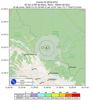 Mapa de aceleración teórica del sismo de magnitud 3.5 a 45 km al NO de Manu, Manu - Madre de Dios, Perú