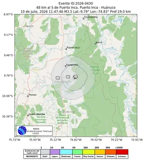 Mapa de aceleración teórica del sismo de magnitud 3.5 a 48 km al S de Puerto Inca, Puerto Inca - Huánuco, Perú