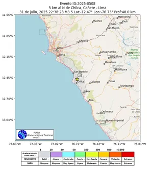 Mapa de aceleración teórica del sismo de magnitud 3.5 a 5 km al N de Chilca, Cañete - Lima, Perú