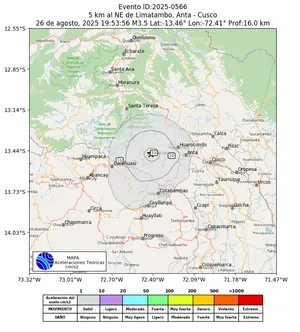 Mapa de aceleración teórica del sismo de magnitud 3.5 a 5 km al NE de Limatambo, Anta - Cusco, Perú
