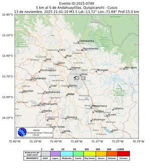 Mapa de aceleración teórica del sismo de magnitud 3.5 a 5 km al S de Andahuaylillas, Quispicanchi - Cusco, Perú