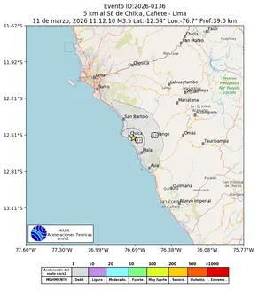Mapa de aceleración teórica del sismo de magnitud 3.5 a 5 km al SE de Chilca, Cañete - Lima, Perú