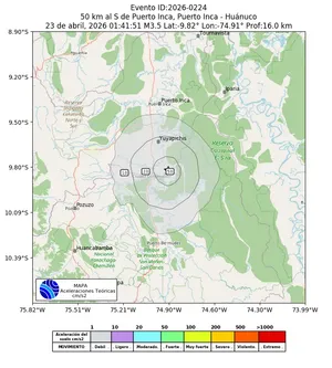 Mapa de aceleración teórica del sismo de magnitud 3.5 a 50 km al S de Puerto Inca, Puerto Inca - Huánuco, Perú