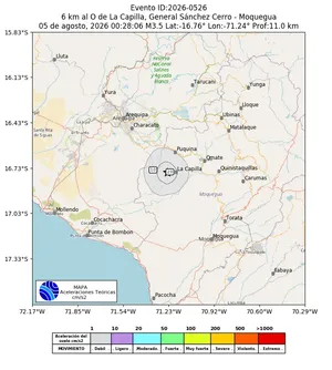 Mapa de aceleración teórica del sismo de magnitud 3.5 a 6 km al O de La Capilla, General Sánchez Cerro - Moquegua, Perú
