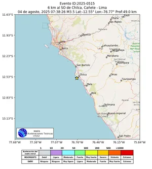 Mapa de aceleración teórica del sismo de magnitud 3.5 a 6 km al SO de Chilca, Cañete - Lima, Perú